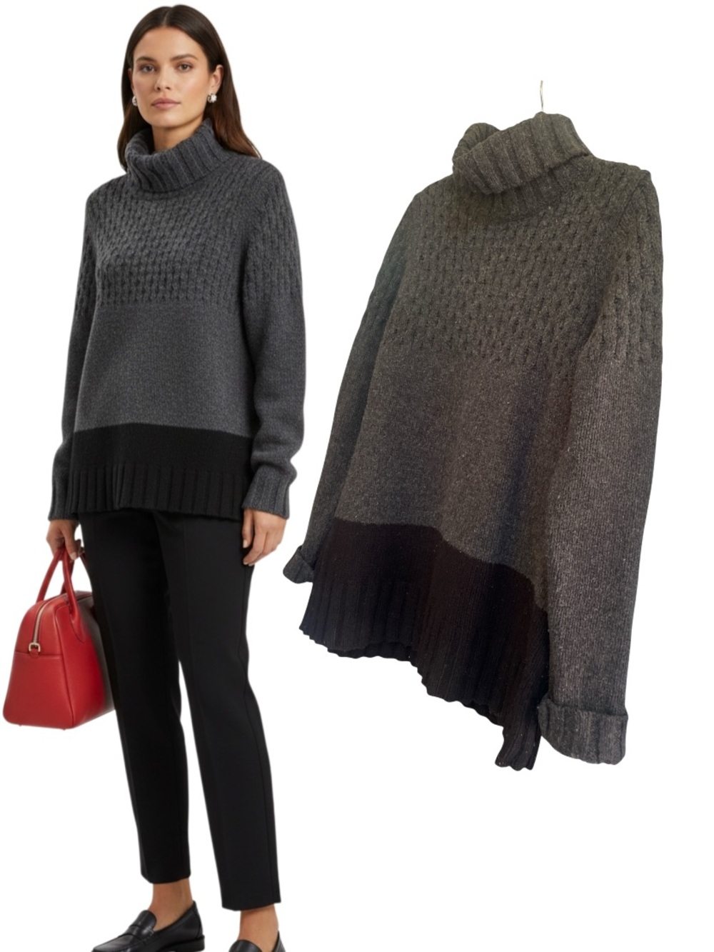WOOLRICH Lambswool Knit Turtleneck Sweater Size L Colorblock Textured Gray Black